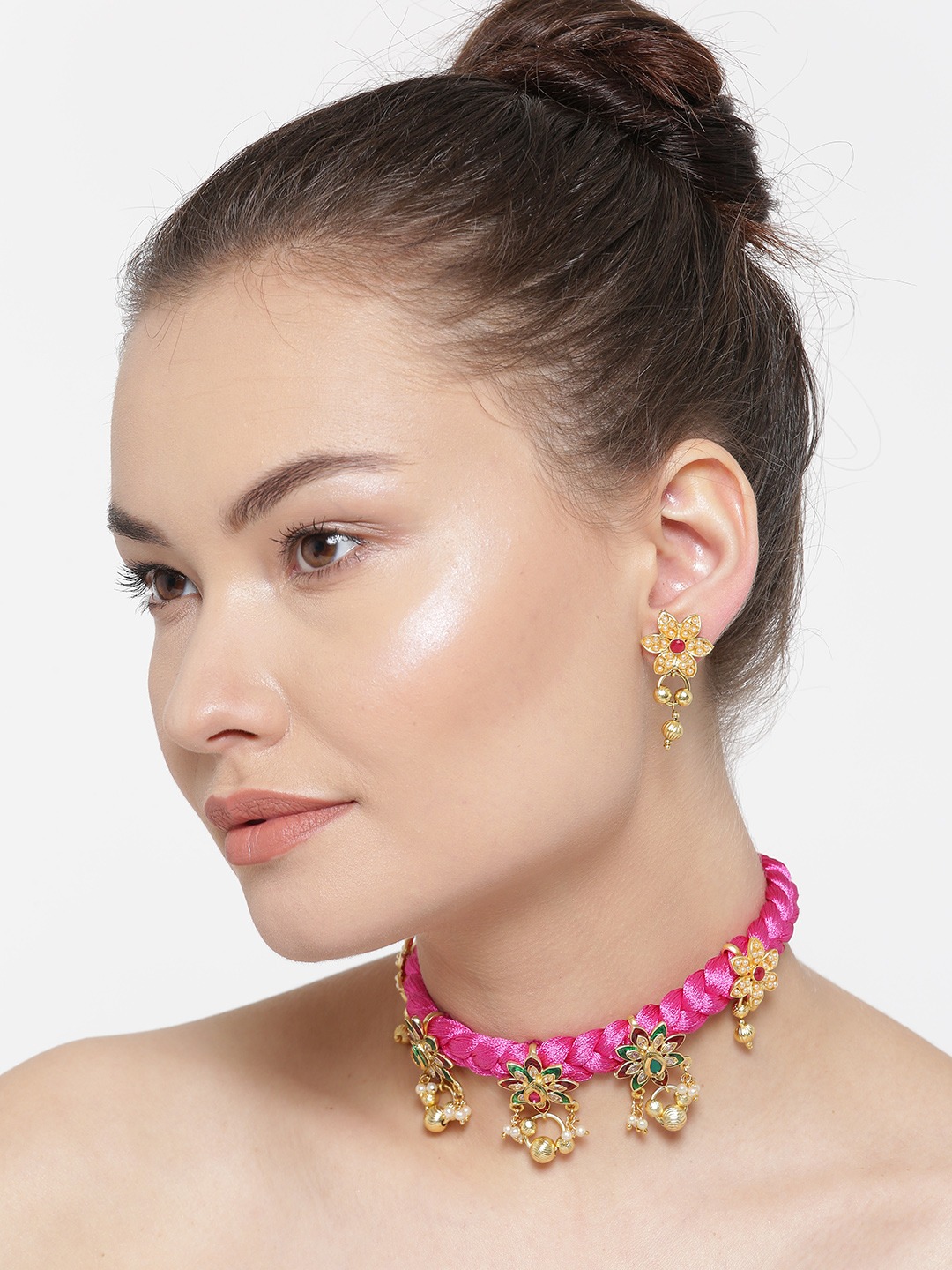 YouBella Pink  Gold-Toned Stone-Studded Beaded Jewellery Set
